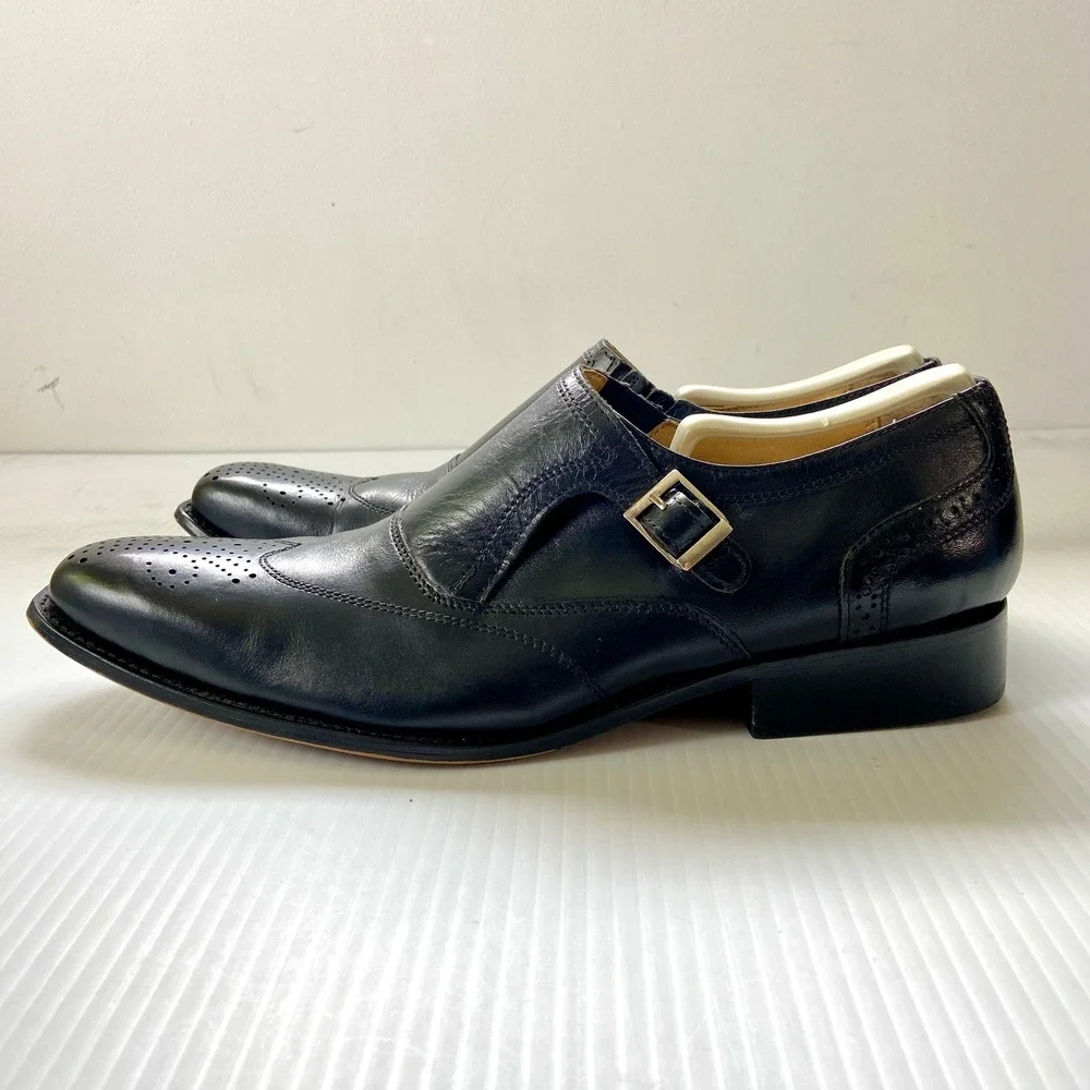 Liberty Black Leather Monk Strap Brogue Wing Tip Lace Up Shoes Mens 10